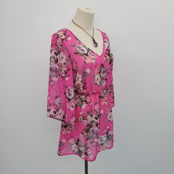 NWT Womens Floral Swimsuit Coverup Sz M Pink Sheer Cinched Waist V-Neck Beach‎ - Picture 2 of 16